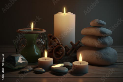 Candles and a stack of stones. Spa. AI generative.