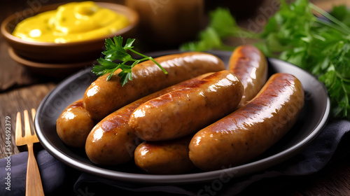 Grilled sausages. Bavarian sausages with herbs and mustard sauce. Food on wood background. Close-up. 