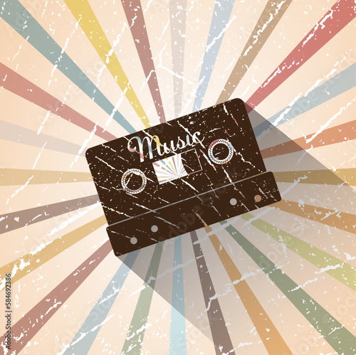 Retro party 70's 80's 90's poster concept illustration with audio tape and old style background. Vintage audio cassette on multicolor retro background.
