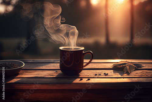 Steaming Cup of coffee on wooden table sunrise sunset web banner size generative ai