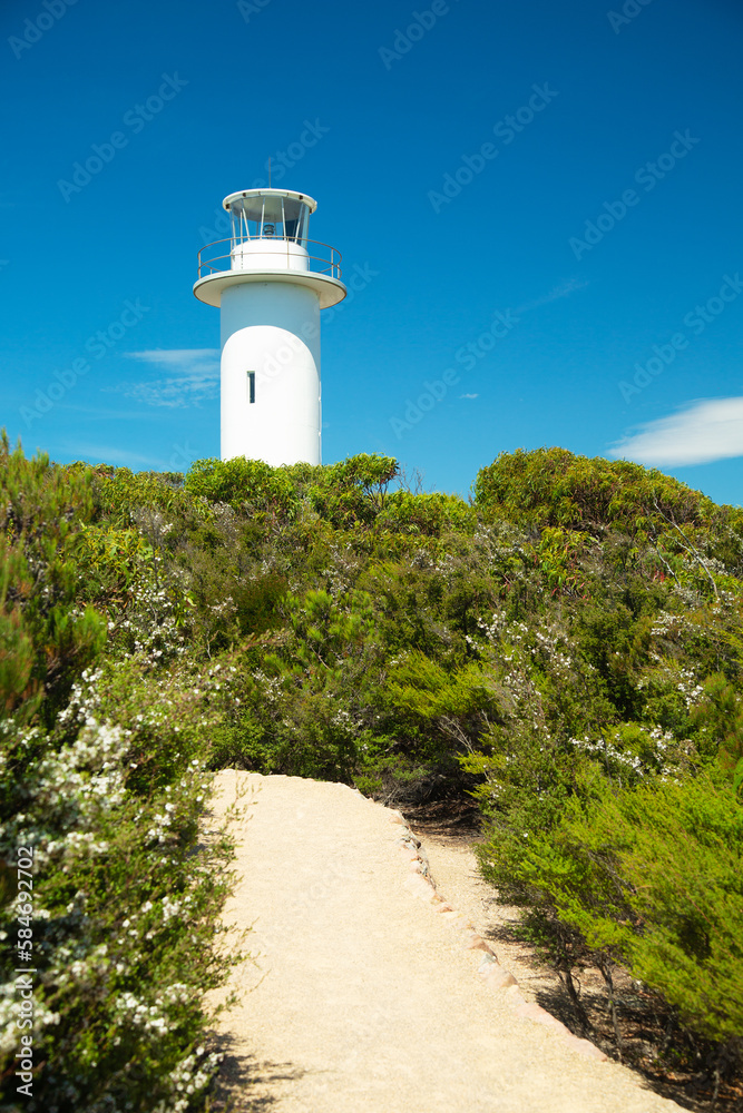 Cap tourville white lighthouse in Freycinet national park in Tasmania in Australia