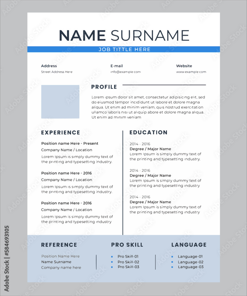 minimalist resume template with clean and simple design in blue color