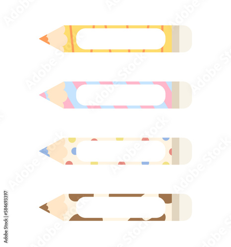 Pencil shape with cheerful pattern template for message isolated on white background. Template for name tag, presentation, communication, writing. Flat vector illustration.