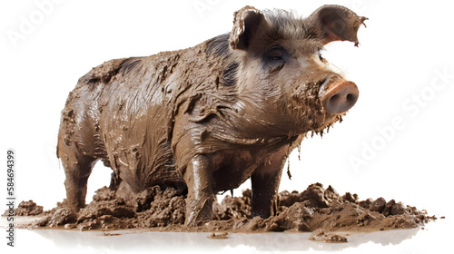 pig in mud  isolated  white background  generative ai
