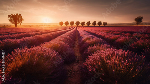 A sunlit lavender field at sunset, with the vibrant colors and calming fragrance creating a serene atmosphere.