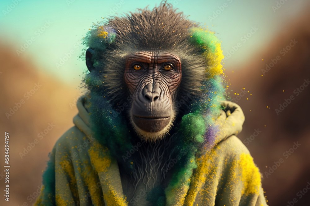 Baboon in a scratchy hoody surrounded by a vivid color bomb explosion background, ultra-realistic rendering, ideal for colorful wall art, home décor, and gifts for animal lovers. Generative AI