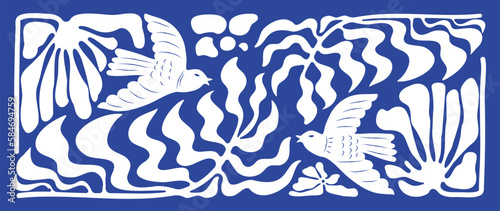 Matisse art background vector. Abstract natural hand drawn pattern design with bird, flower, leaves. Simple contemporary style illustrated Design for fabric, print, cover, banner, wallpaper.