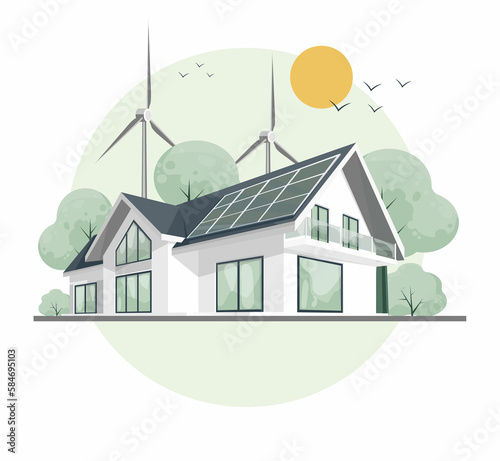 Home alternative electryciti, renewable energy. Wind and solar generation. Solar panels on the roof country house and wind turbines on nature background.