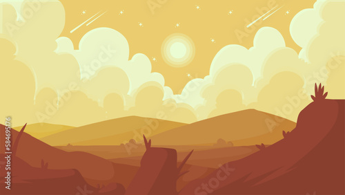 landscape hill view background with vector illustration of clouds and moon and stars