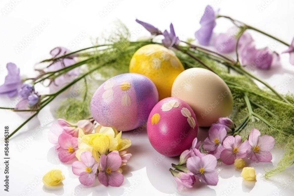 Fototapeta Decorate Easter eggs with the beauty of spring flowers. Generative AI