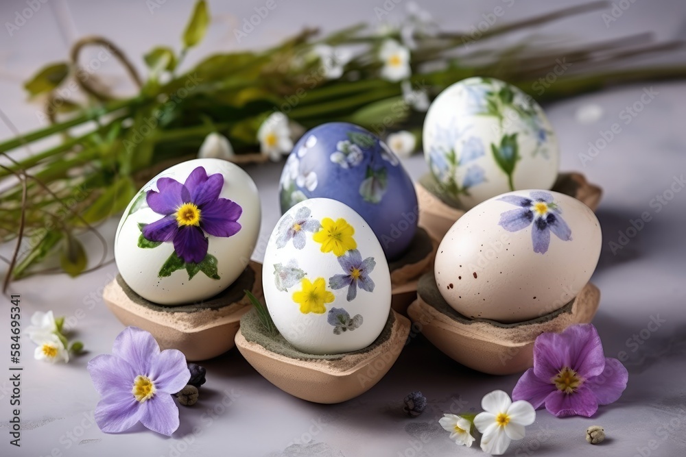 Decorate Easter eggs with the beauty of spring flowers. Generative AI