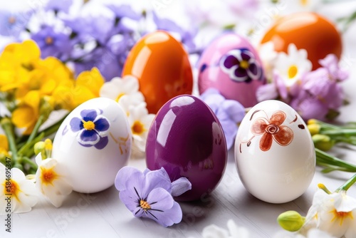 Decorate Easter eggs with the beauty of spring flowers. Generative AI