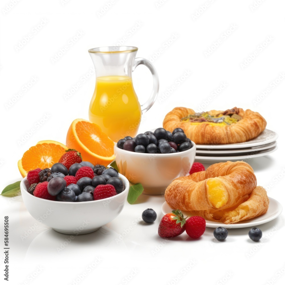 White plate with a croissant and a bowl of blueberries and strawberries is placed on a white background. The plate is positioned in the center of the image, with the croissant on the right side
