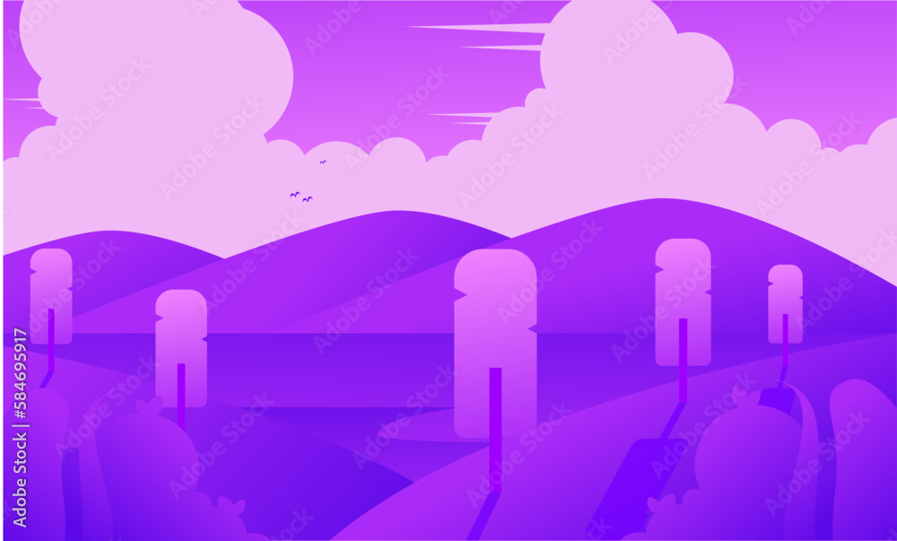 A purple illustration of a purple landscape with a purple background and a purple sky with clouds.