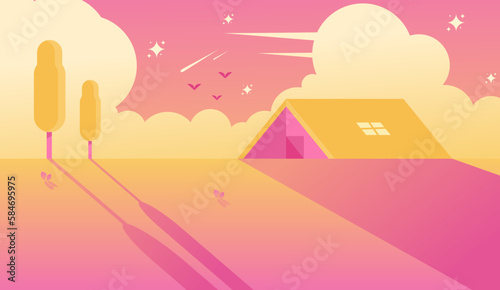  vector landscape background with a pink sky with several stars. and illustrations of camping, outdoor activities