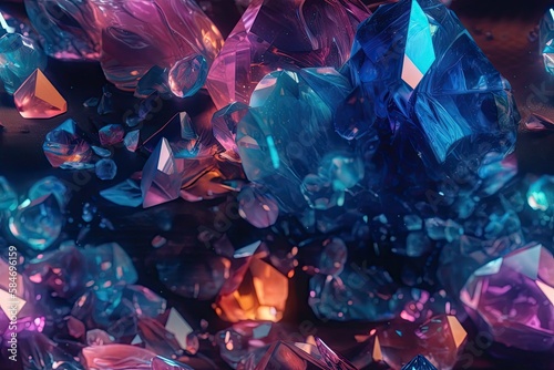 Background of realistic, colorful, sparkly, and glowing magic crystals. gorgeous premium dream wallpaper. Illustration of contemporary dynamic fluorescent diamonds. electronic art. Generative AI
