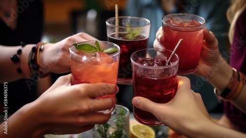 Cropped group of friends toasting with cocktails  generative ai