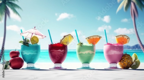 Exotic summer drinks on white sand, generative ai