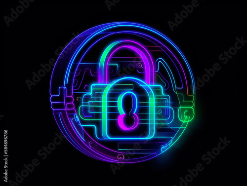 Lock, cyber security concept abstract neon style illustration on black background. Generative AI