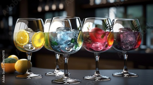 Tree colorful gin tonic cocktails in glasses on bar, generative ai