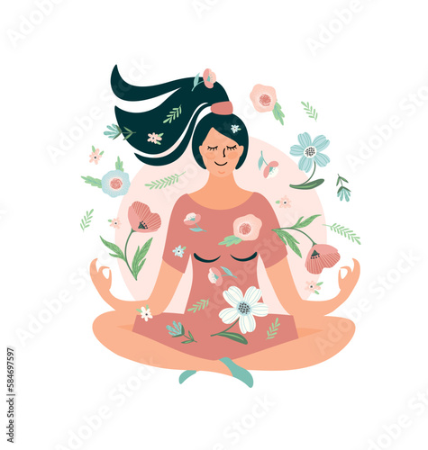 Woman meditating. Self care, self love, harmony. Isolated illustration.