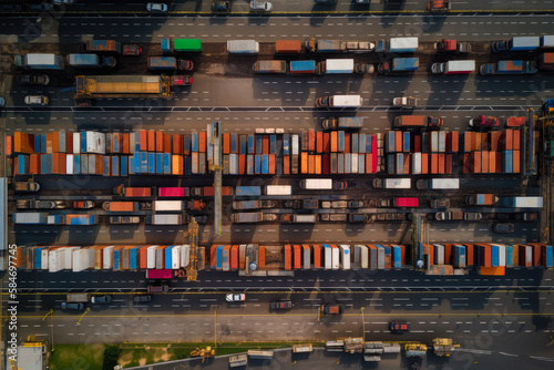 A combination of shipping containers, workers, and delivery trucks, illustrating the logistics and transportation aspect, top view. ai generative