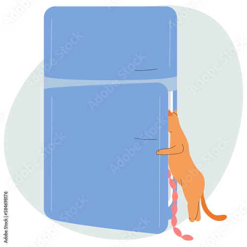 
The cat has opened the fridge and is trying to get sausages out of the fridge.