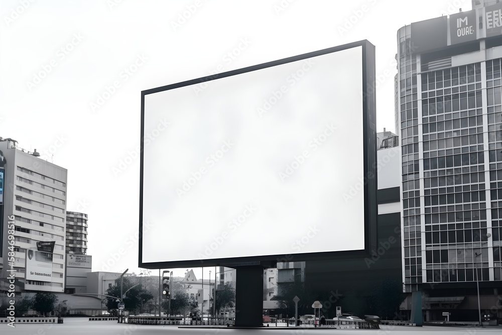 Background of a outdoor billboard, with white screen. Wallpaper illustration. Front view with copy space for text information or content. Concept of marketing, visual advertising. Generative AI. Background of a outdoor billboard, with white screen. Wallpaper illustration. Front view with copy space for text information or content. Concept of marketing, visual advertising. Generative AI.
