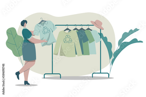 Eco friendly clothing sustainable, Woman buying recycling textile, Recycle and environmental care concept on fashion. Vector design illustration.