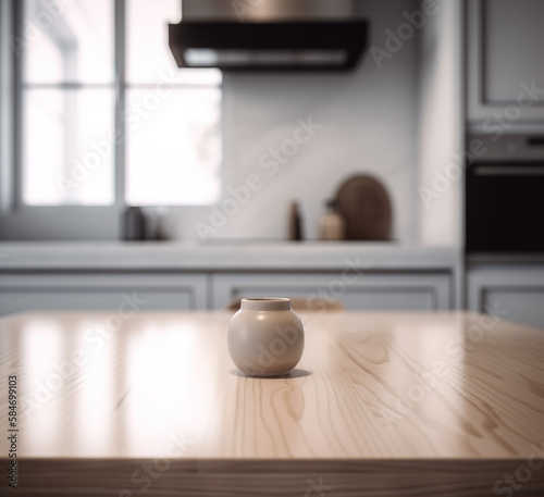 Wooden table top with decoration pot on blurred kitchen background, Modern kitchen room interior.