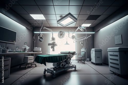 Interior of emergency room in modern clinic with empty hospital beds, nurses station and various medical equipment. With no people 3D illustration on health care theme. Generative AI. 