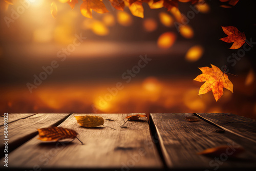 Autumn - Wooden Table With Orange Leaves And At Sunset In Defocused Abstract Background (ai generated)