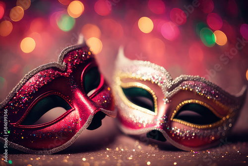 Carnival Party - Venetian Masks On pink Glitter With Shiny Streamers On Abstract Defocused Bokeh Lights (ai generated)