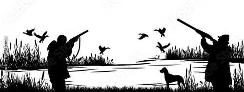 Wildlife Duck animals hunting hunt panorama vector illustration - Black silhouette of hunter with rifle gun and dog at the lake or river shoots at flying mallard ducks, isolated on white background