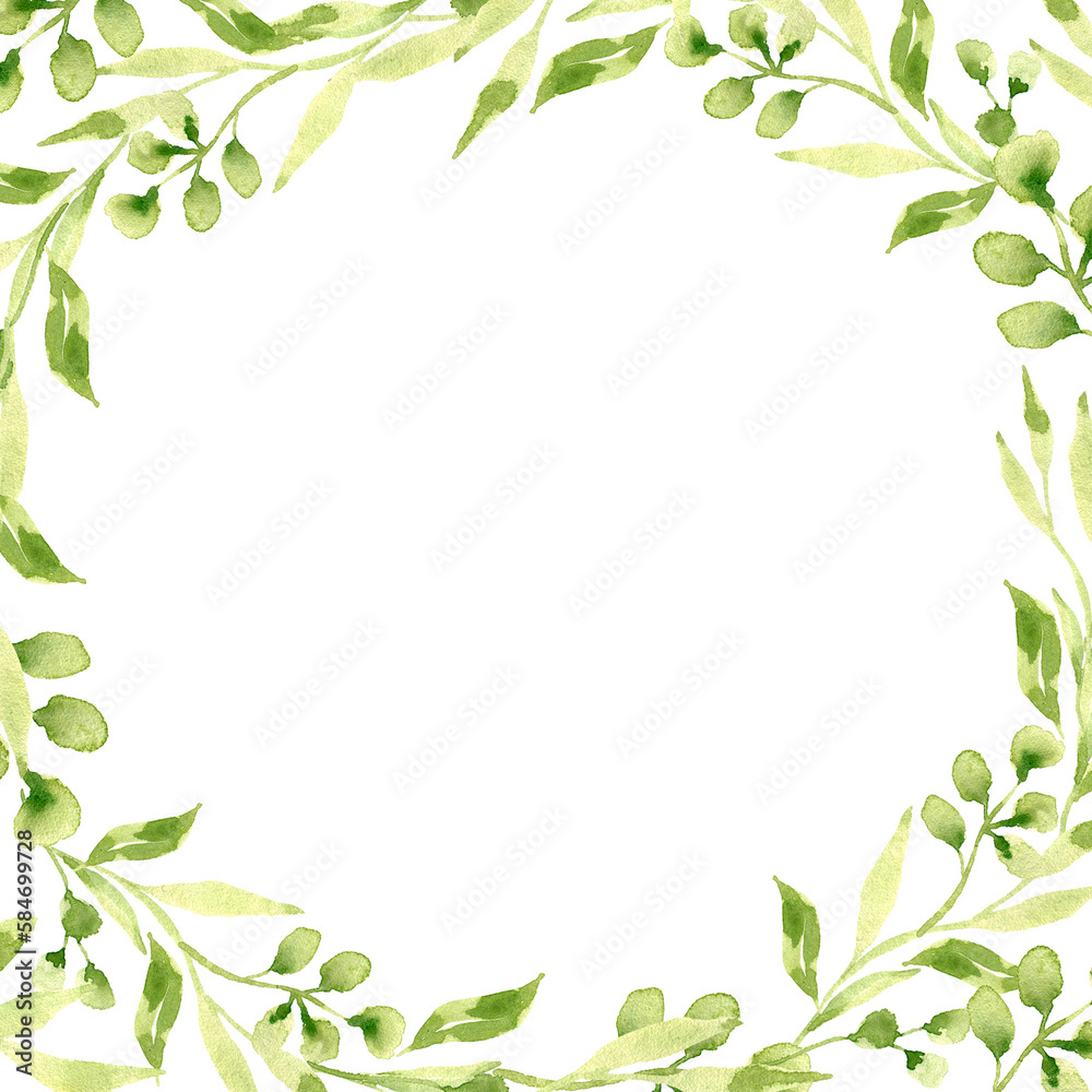 Watercolor spring green leaves frame