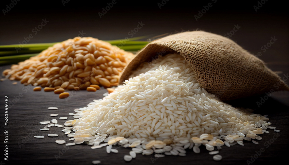 Pile of rice and wheat grain on black wooden table background.Harvest ...