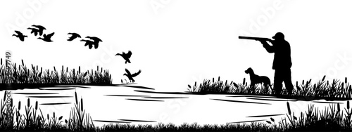 Wildlife Duck animals hunting hunt panorama vector illustration - Black silhouette of hunter with rifle gun and dog at the lake or river shoots at flying mallard ducks, isolated on white background