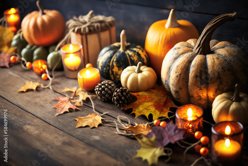 Pumpkins On Wooden Table - Thanksgiving Background With Vegetables And Bokeh Lights  ai generated 