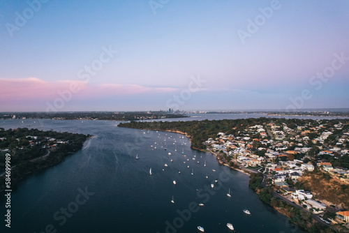 Aerial view along the Swan River from Bicton in Perth at sunset.