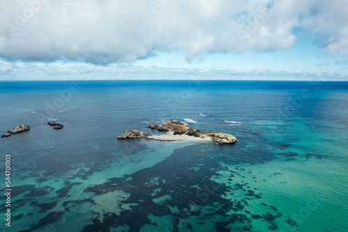 Aerial view of the turquoise water surrounding Seal Island, in the Shoalwater Islands Marine Park