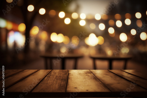 Old wood table with blurred concrete block wall in abstract glitter lights background.AI Generative