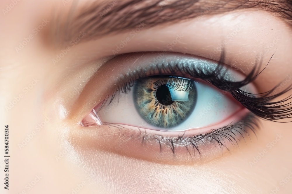 Stunning female eye in macro with natural makeup; chic and detailed. Generative AI Stunning female eye in macro with natural makeup; chic and detailed. Generative AI