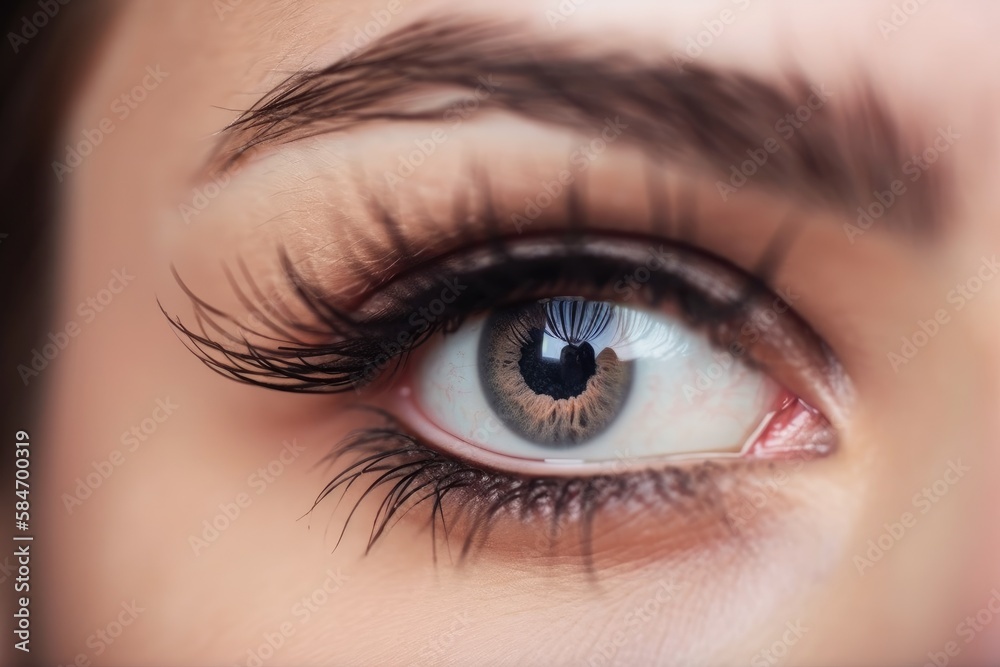 Stunning female eye in macro with natural makeup; chic and detailed. Generative AI Stunning female eye in macro with natural makeup; chic and detailed. Generative AI