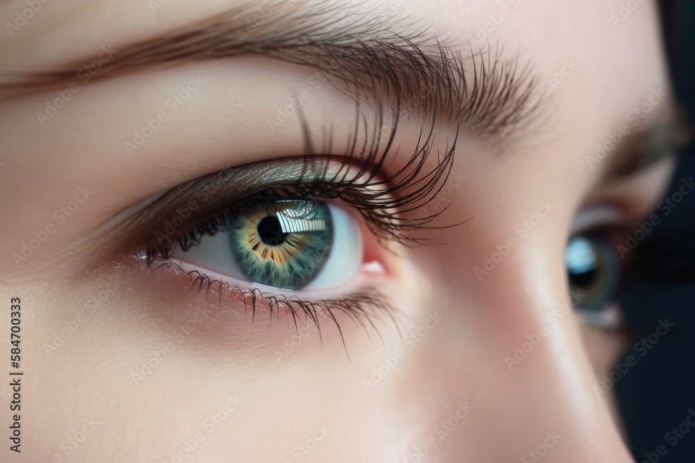 Stunning female eye in macro with natural makeup; chic and detailed. Generative AI Stunning female eye in macro with natural makeup; chic and detailed. Generative AI