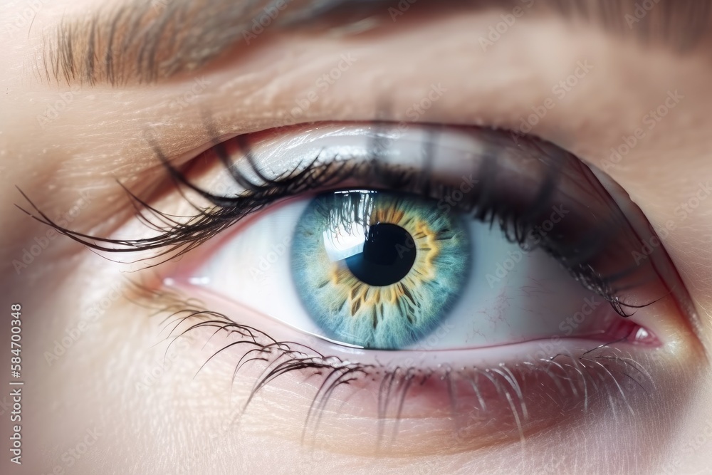 Fototapeta premium Stunning female eye in macro with natural makeup; chic and detailed. Generative AI