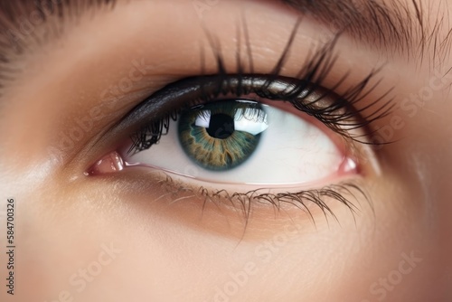 Stunning female eye in macro with natural makeup; chic and detailed. Generative AI