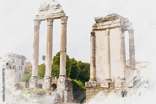 Watercolor drawing picture of beautiful view at Ancient Roman Cities in Rome Italy. #584700770
