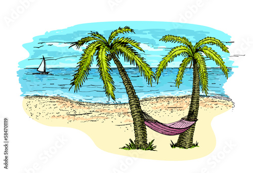 Hand drawn seaside landscape. Tropical resort with hammock, sand beach, exotic palm trees and sail boats floating in sea or ocean on horizon. Colorful vector illustration