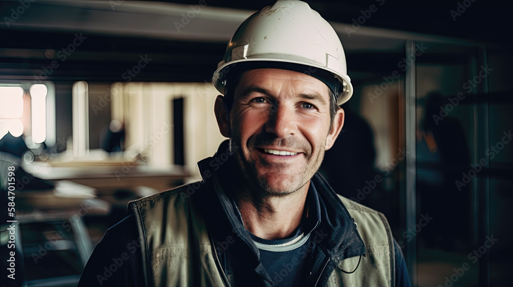 Builder smiling, construction site, positive worker, hard hat, generative ai - obrazy, fototapety, plakaty 