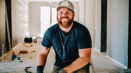 Builder smiling, construction site, positive worker, hard hat, generative ai photo